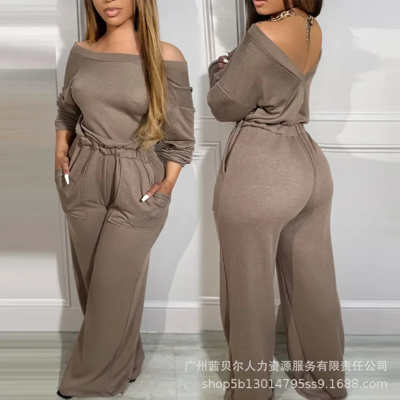 

Women High Waist Solid Color Overall Pants Jumpsuits Off Shoulder V-Back Stretchy Waist Pocket Design Jumpsuit