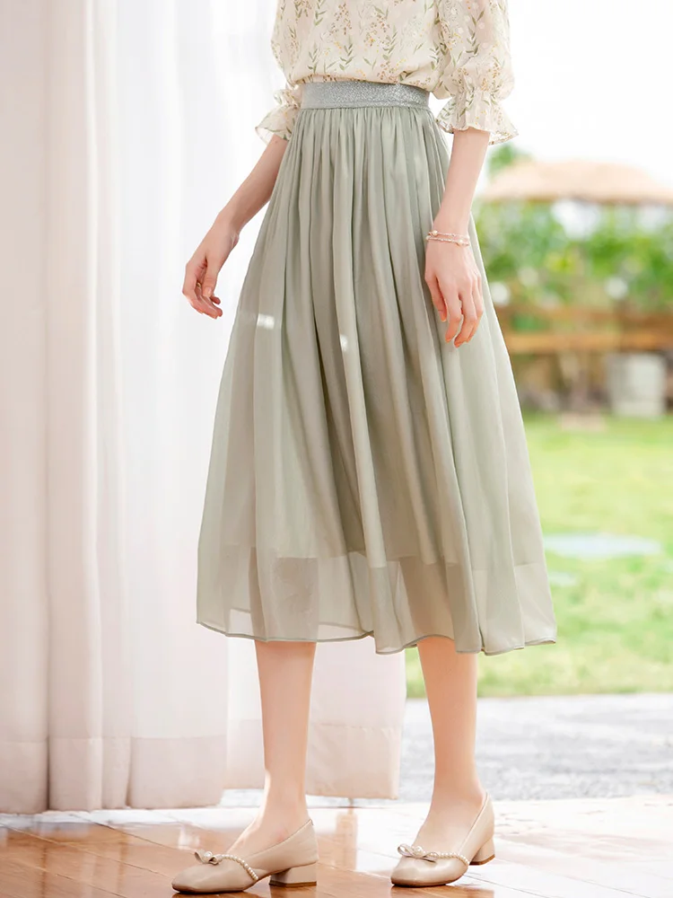 I BELIEVE YOU New Elegant mercerized Midi Skirt for Women Summer 2022 A-Line Elastic Waist Sweet Skirts Female Robe 2222024427