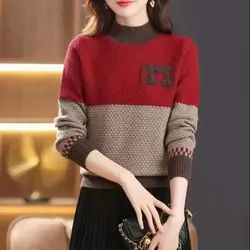 Women's Clothing Screw Thread Jumpers Casual Contrasting Colors Spliced Autumn Winter Half High Collar Vintage Knitted Sweaters