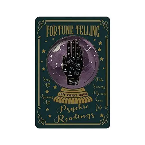 Retro Tin Sign Fortune Teller Crystal Ball Palmistry Psychic Readings Metal 8x12