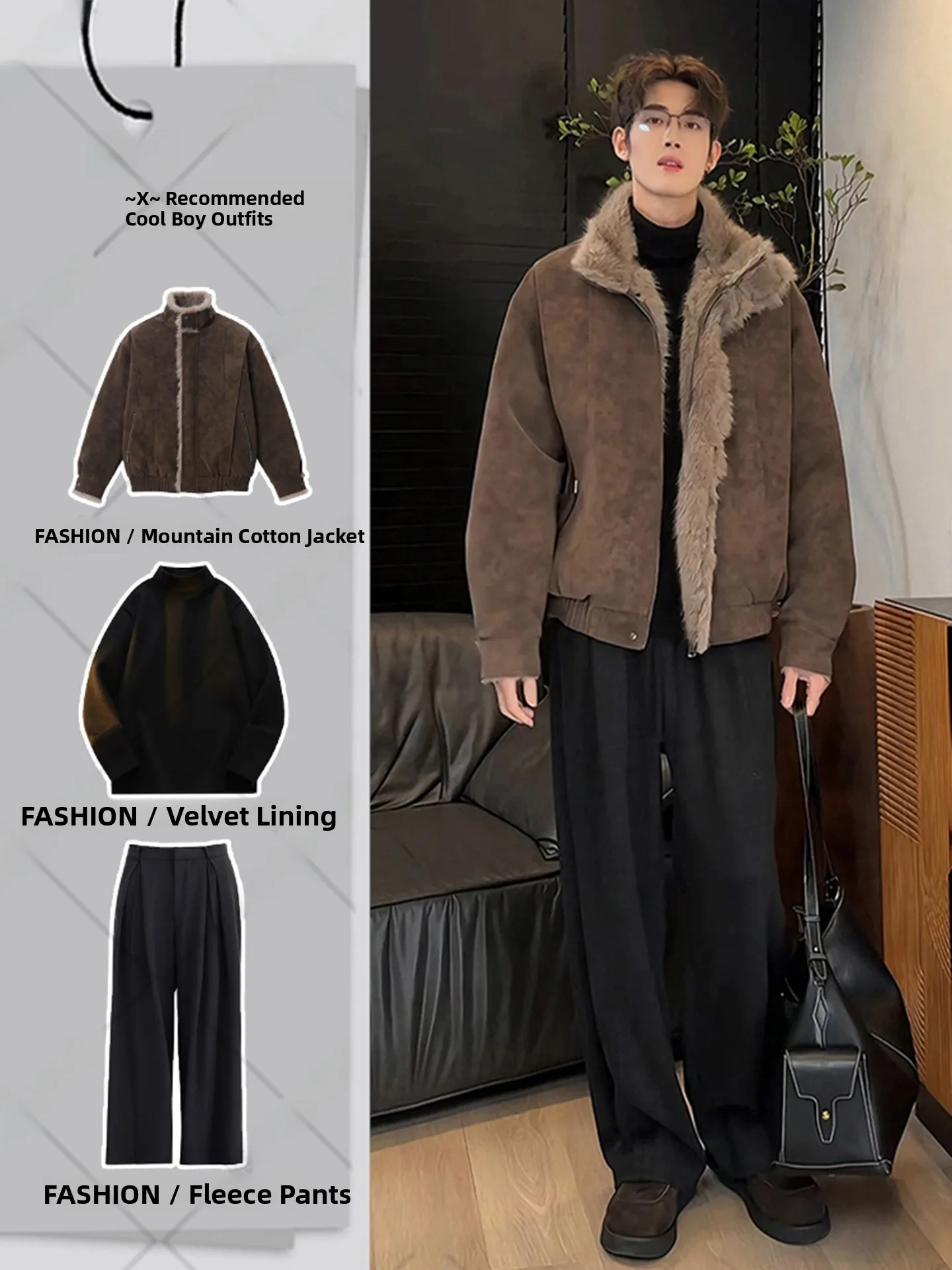 

Cool Haome Men's Cotton Jaet Set ort Fur Collar Leather And Fur Inteated Winter Outerwear Casual Loose Fit Zipper