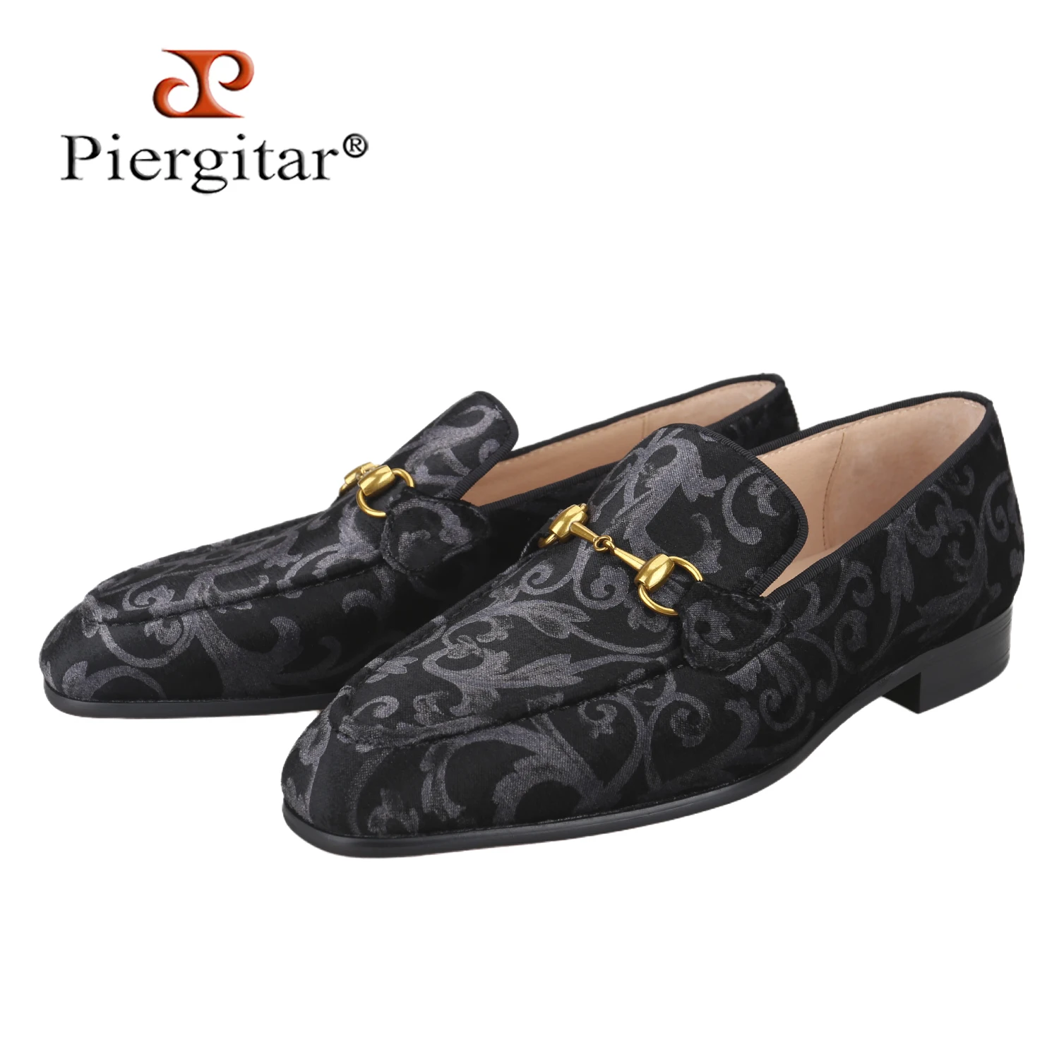 Piergitar Retro Style High-End Custom-Made Baroque Jacquard Velvet Men's Loafers With Horsebit Buckle Slip-On Smoking Shoes