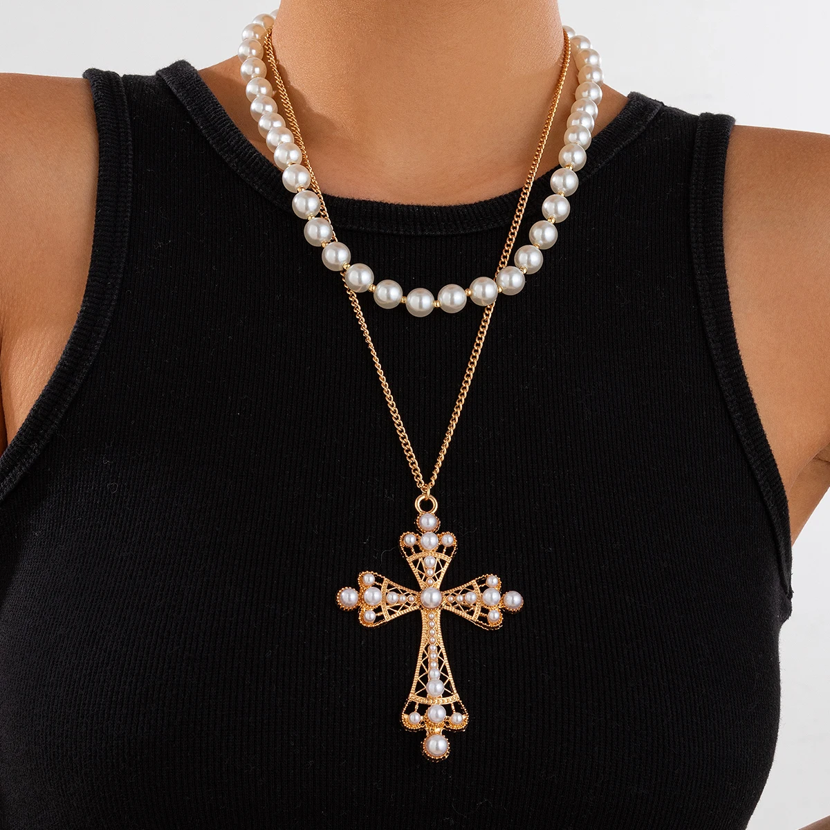 

SHIXIN 2Pcs/Set Punk Gold Color Large Cross Pendant Long Necklace Women Luxury Imitation Pearl Choker Christianity Neck Jewelry