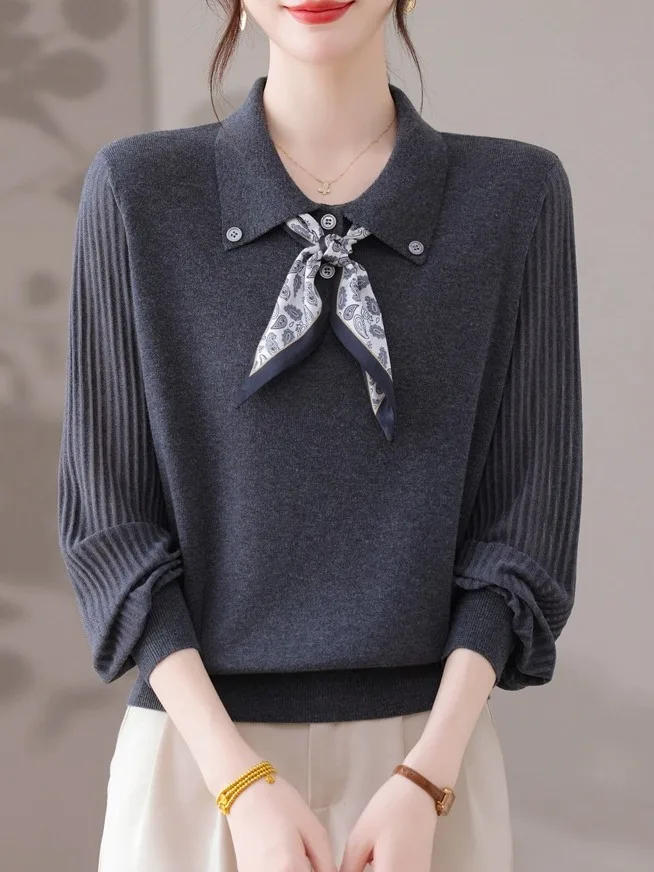 Luksusowa europejska damska dzianinowa bluzka z kołnierzykiem, długa, wełniana, bazowa, typu T-shirt, codzienna, wygodna, miękka mieszanka poliestru.