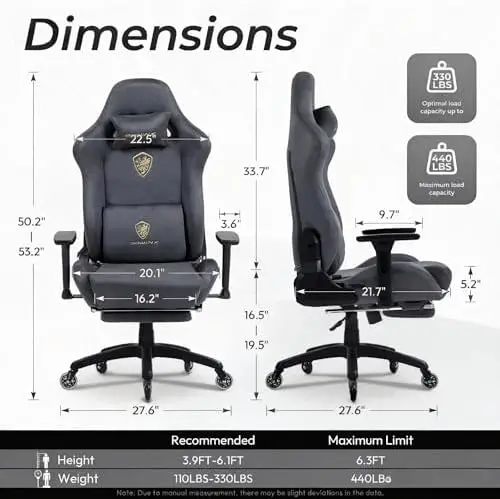 Big and Tall Gaming Chair with Suede Fabric Breathable, Game Chairs for Adults with Oversized Thick Seat for 440lbs