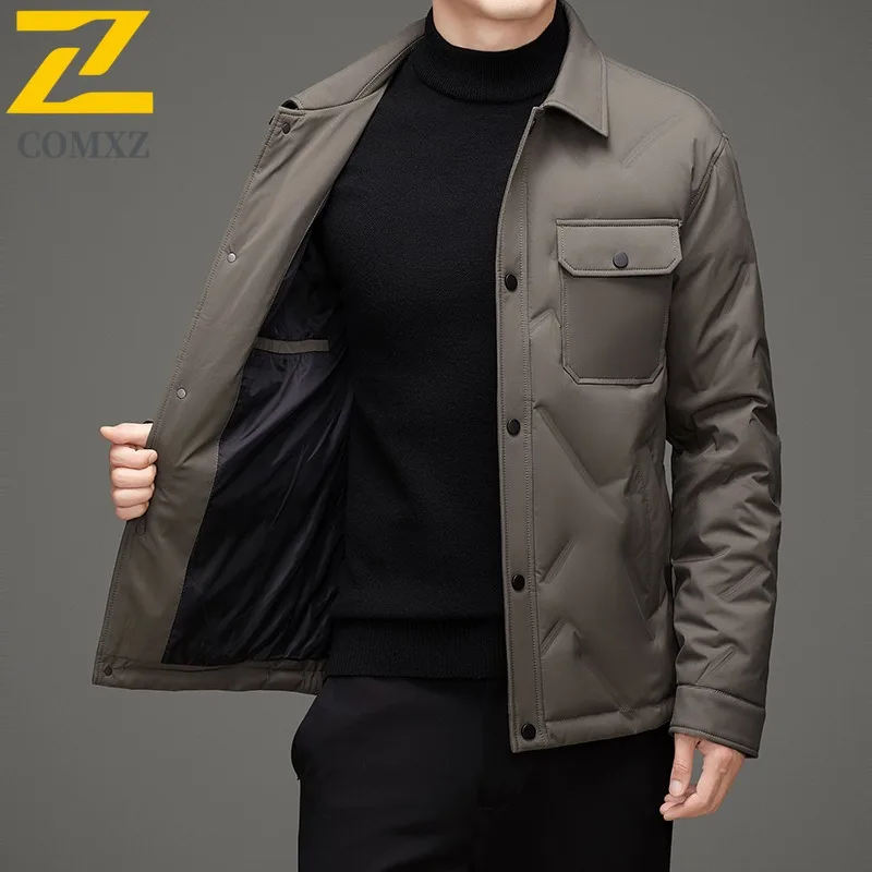 COMXZ Mens Down Jacket Turndown Collar Outdoor Work Warm Puffer Jackets Casual Single Row Button Travel Lightweight Winter Coat
