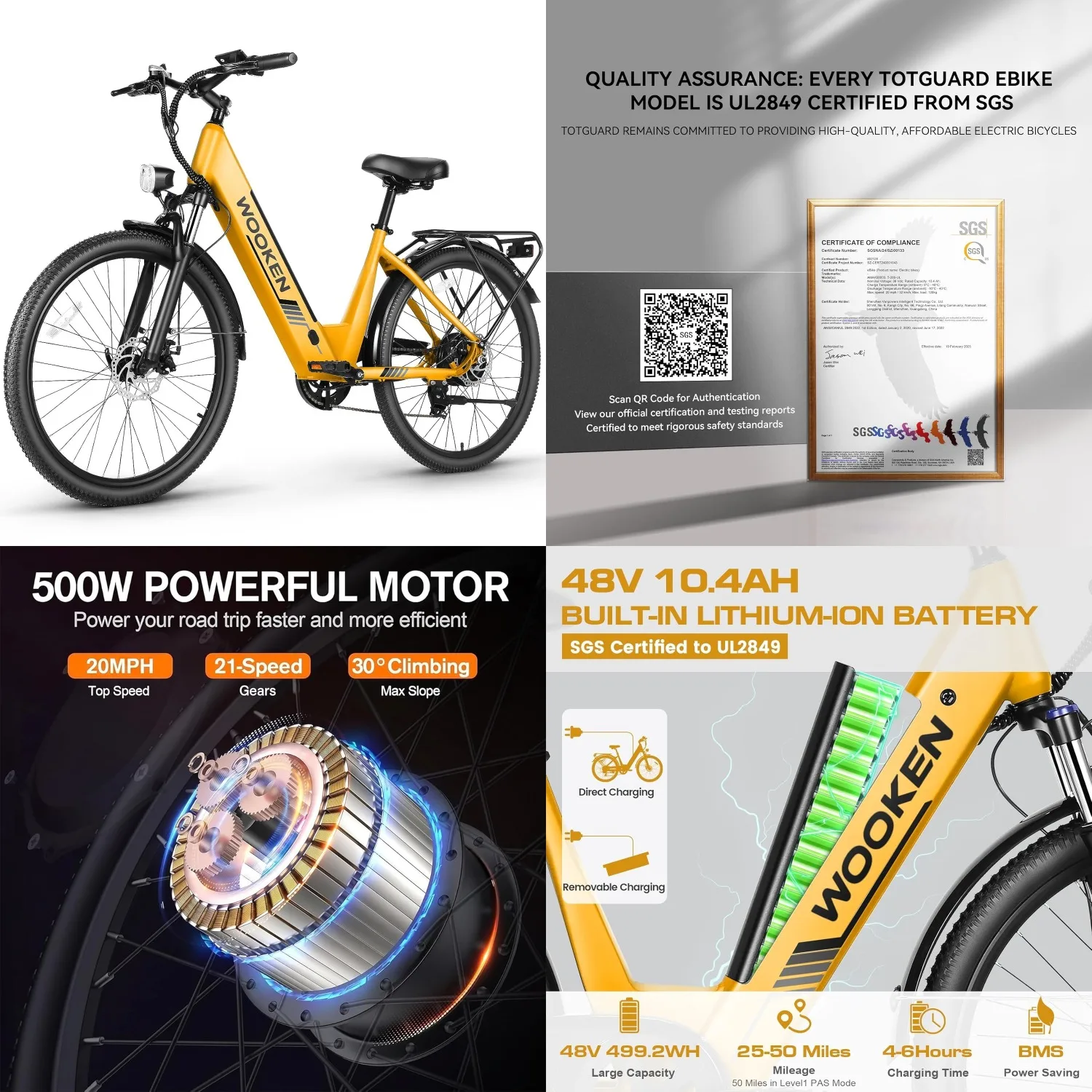 

500W 26" Step Through Electric Commuter Bike for Adults with 48V 499Wh Removable Battery 7 Speed UL2849 Certified, Customized