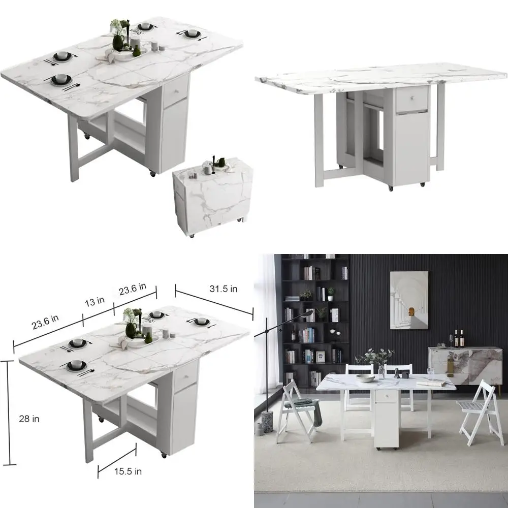 

Expandable White Folding Dining Table with Storage Rack and Drawers: Space-Saving Kitchen Solution in Three Sizes