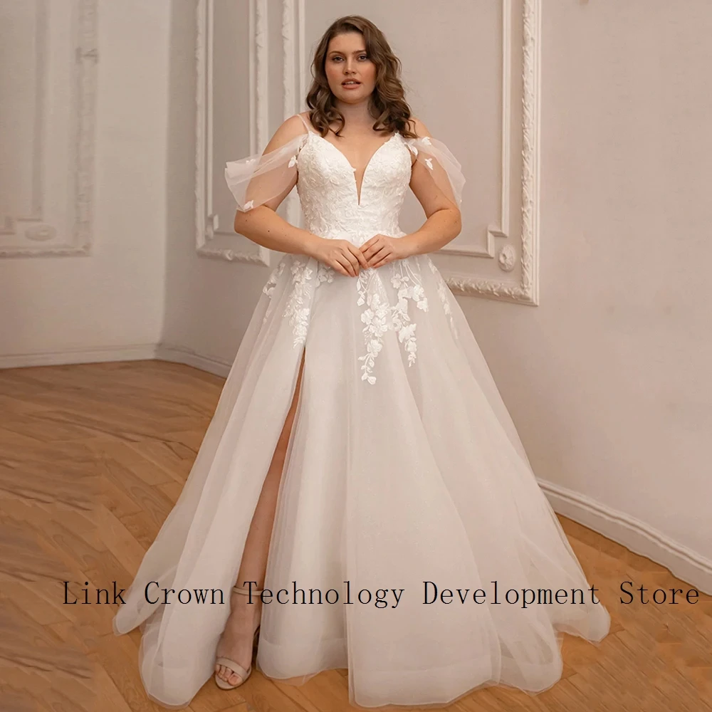 Vintage Oversize Wedding Dresses with Soft Tulle Ivory V Neck Side Slit Plus Size Bridal Gowns for Women Vestido De New Summer