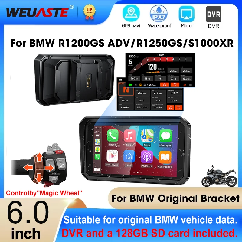 

6 Inch Wireless CarPlay Moto Android Auto Portabl Motorcycle Dashboard GPS Navigation DVR For BMW R1200GS R1250GS S1000XR