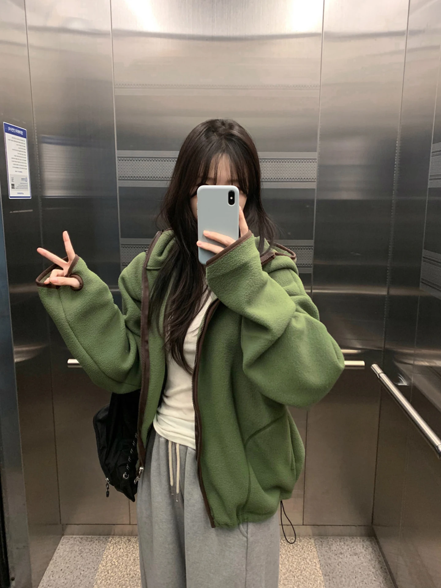 Ladies Double-Sided Fleece Hooded Jacket Lazy Style Color Block Loose Casual Top Polyester Fiber Long Sleeve Regular Length