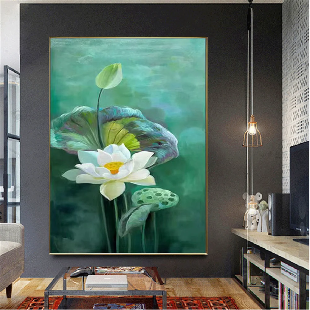 

Pure Hand-Painted Lotus-Flower Canvas Wall Art Landscape Flower Oil Painting Modern Home Living Room Study Porch