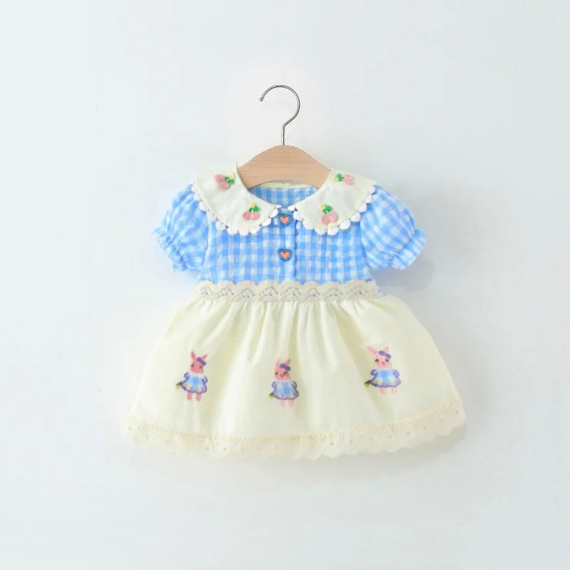 

3671Summer Girls' Cute Rabbit Dress New Baby Doll Collar Plaid Dress Children's Princess Dress Summer