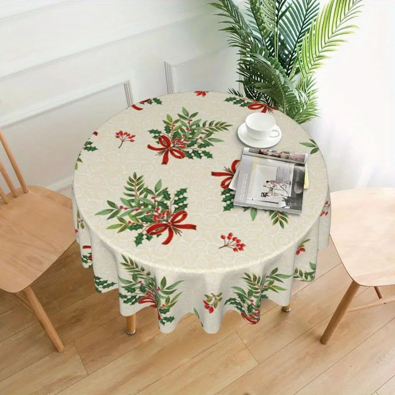 1pc Christmas Red Bow and Leaf Print Round Tablecloth - Washable Polyester, Festive Holiday Party Decor for Home Kitchen