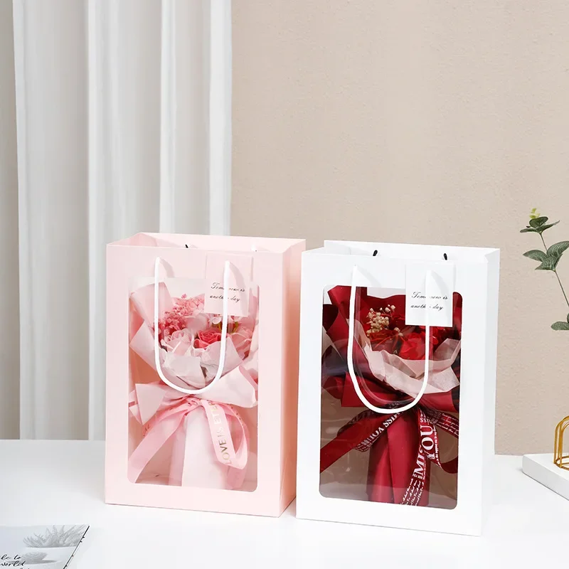 10pcs Trapezoidal Flower Handbag Transparent Window Bouquet Handheld Flower Arrangement Box Creative Gift Portable Pack boxBag