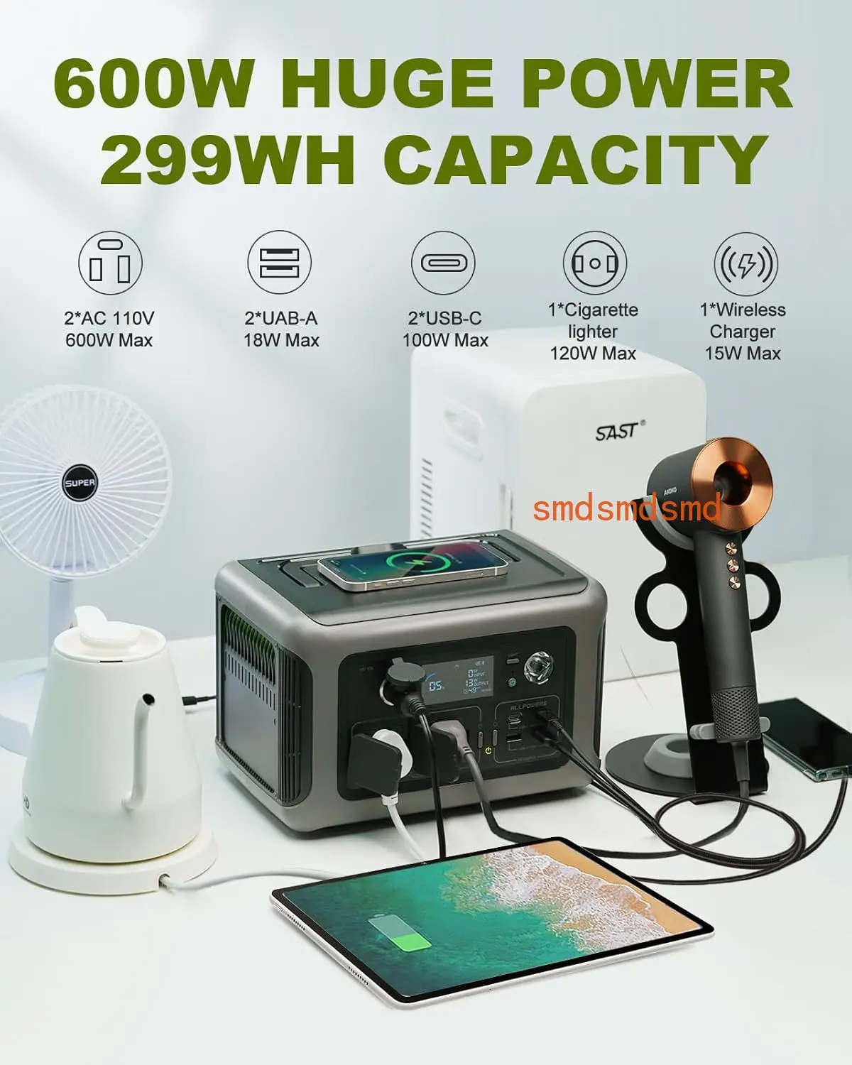 Portable Power Station R600, 299Wh 600W LiFePO4 Battery Backup with UPS Function, 400W Max Input, for Outdoor Camping
