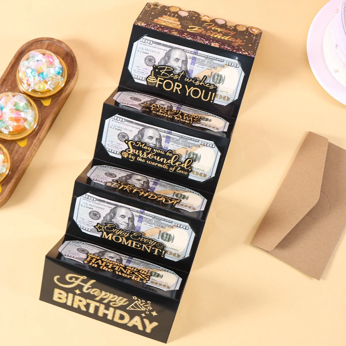 1 ensemble d'enveloppes noires et dorées pour l'argent, motif Joyeux Anniversaire, support créatif DIY pour billets, carte surprise pour idées cadeaux d'anniversaire