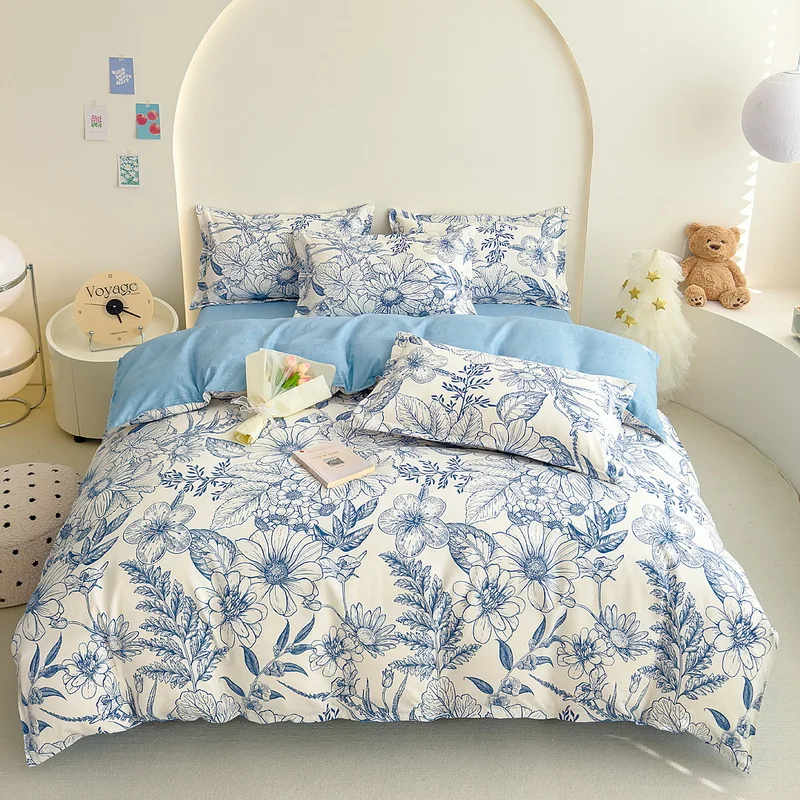 Floral Duvet Cover Set Queen Cottagecore White Blue Flower Leaf Comforter Cover 3Pcs Soft Thickened Pastoral Garden Bedding Set