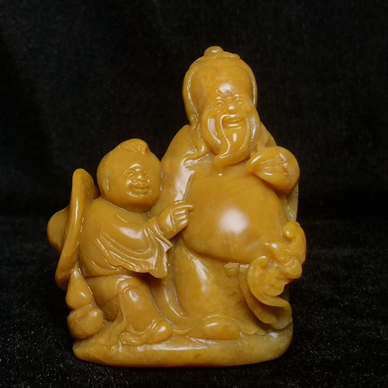 YIZHU CULTUER ART Size 6.8 × 5.5 cm 100% Natural China Shoushan Stone Hand Carved Old Man Boy Bat Statue Gift