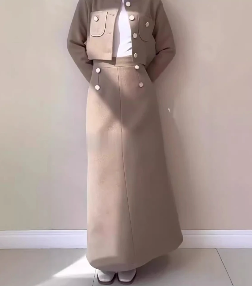 Women's Two Piece Elegant Commuting Fashion Notched Collar Long Sleeve Button Decor Blazer Coat and High Waits A-line Skirt Set