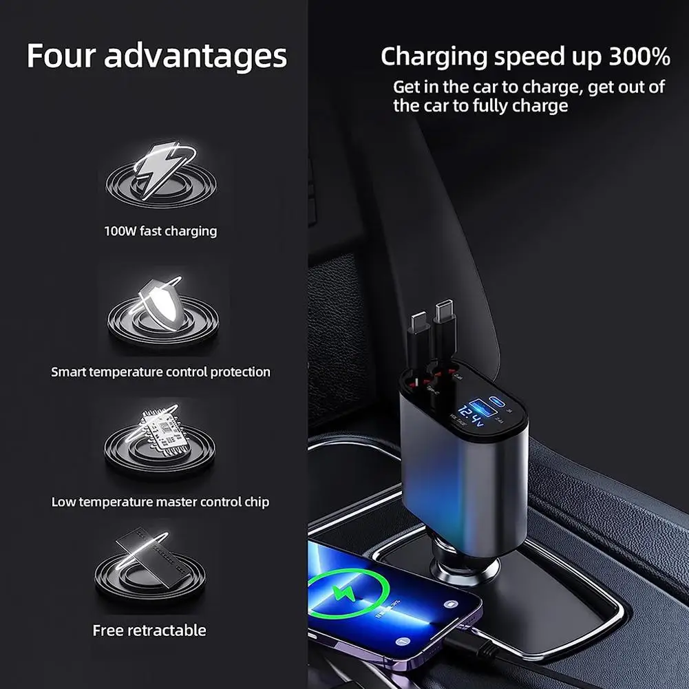 100w 4 IN 1 Retractable Car Charger USB Type C Cable For IPhone Fast Charge Cord Cigarette Lighter Adapter