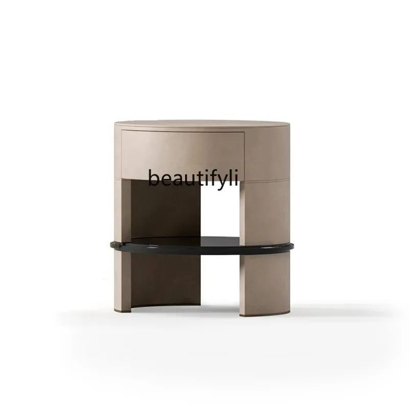 B73 Minimalist High-End Bedroom Round Lacquered Bedside Table Solid Wood Nightstand