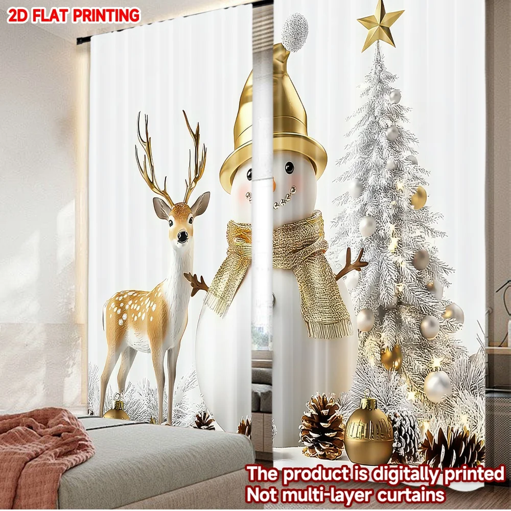 2D-Flachdruck, 2 Stück, modische Weihnachtsvorhänge, Weihnachts-Schneemann und Rentier, digital bedruckte Polyester-Vorhänge, Urlaub