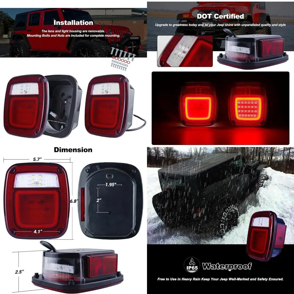 

1979-2006 Jeep Wrangler TJ Square LED Tail Lights with Marker, Stop, Turn, Brake Lights, Red, 2 Pack