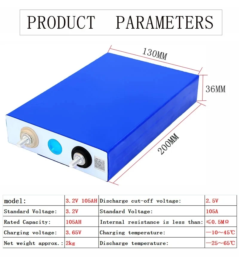 3.2V LiFePO4 Battery 105Ah Cell DIY 12V 24V 48V Lithium Iron Phosphate Battery with Screws, Bus Bar 4000+ Cycle Grade-A