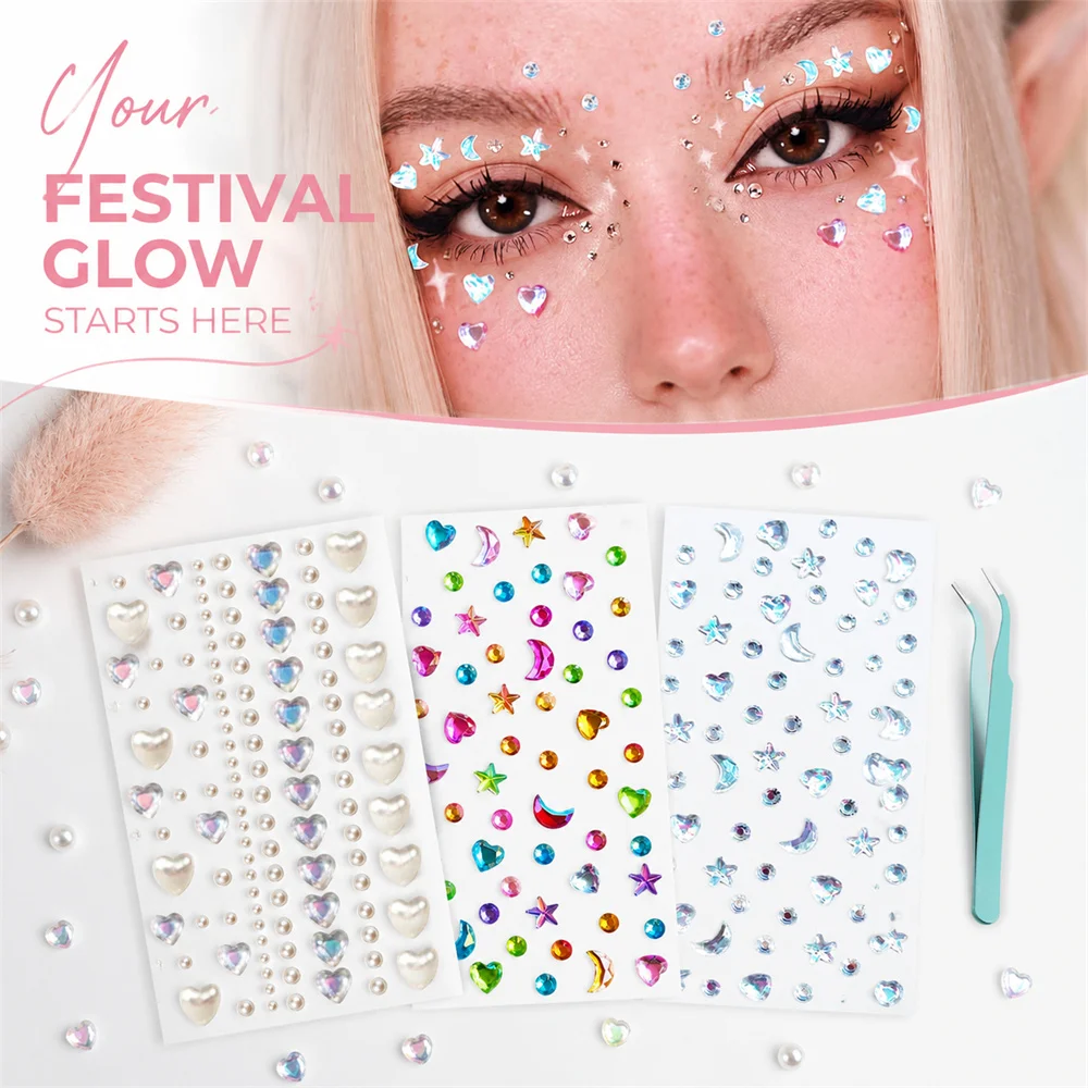 3Pcs/Set Self‑Adhesive Moon Star Heart Face Rhinestone Stickers Shiny Crystal Face Gems For Carnival Party Eye Body Art Decor
