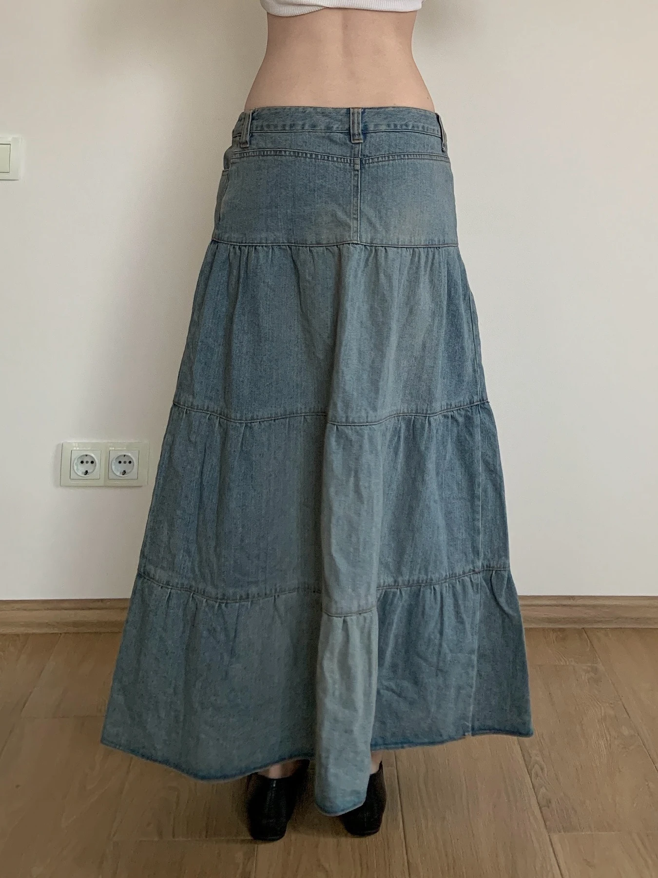 AOMR الأمريكية الرجعية Waed الدنيم مظلة تنورة f طول المرأة ature عطلة منخفضة الخصر ألف خط تنورة طويلة #5