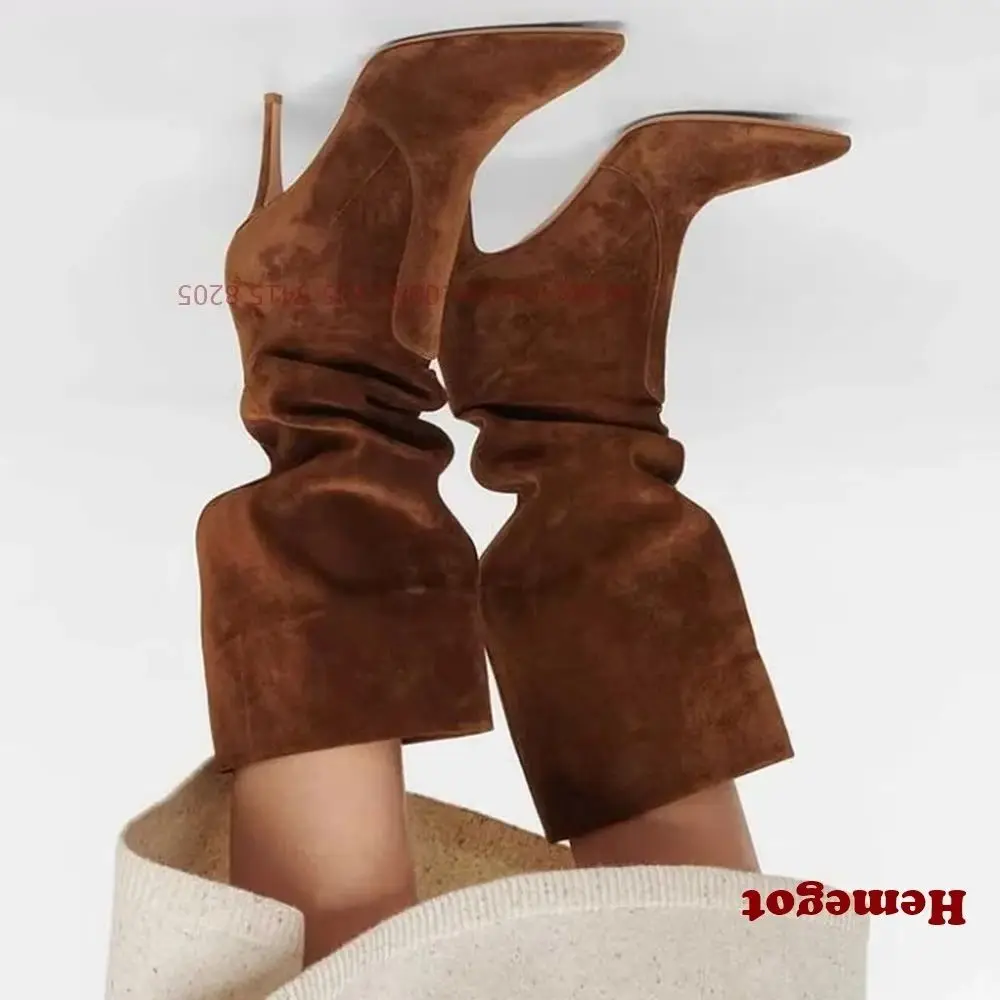 

Коричневые женские сапоги без шнуровки с острым носком, веганские замшевые сапоги до колена с широким каблуком-шпилькой, теплая зимняя повседневная обувь, пикантная обувь