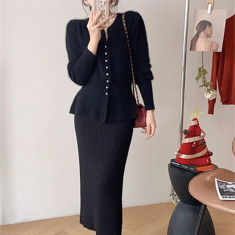 Women Knit Two Pieces Suits Button V Neck Long Sleeve Pullover + Split Slim Bodycon Skirt Streetwear Sweater Set Female Outifits