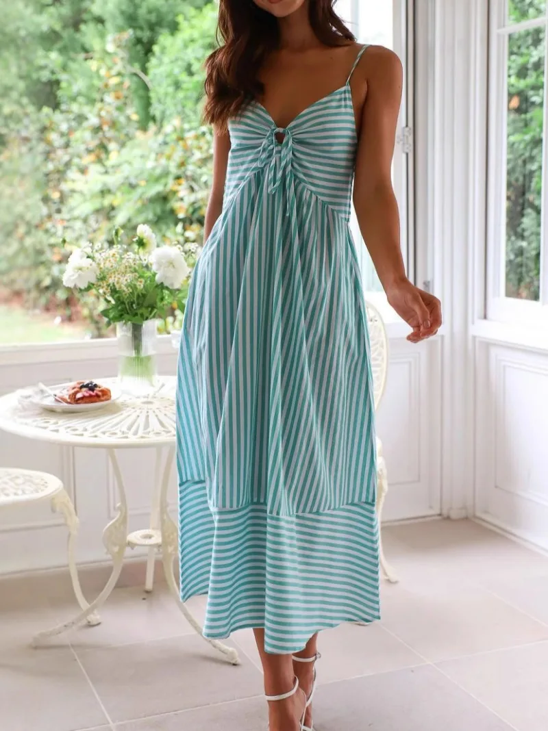 Fashion Long Beach Sexy vintage Dress for Women 2025 New dress Summer Women V-neck Sexy Striped Sling Dress Holiday