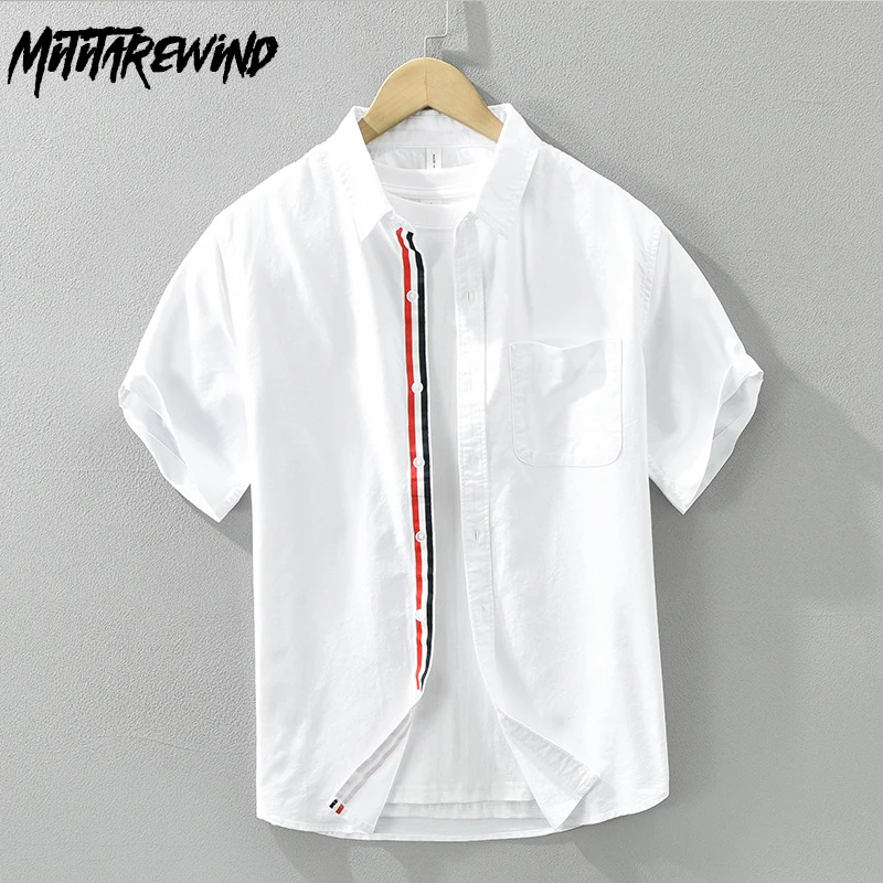 

Summer 100 Cotton New in Shirts for Men Japanese Causal Short Sleeve Shirt Lapel Three Bars Designer Shirt Daily Comfortable Top