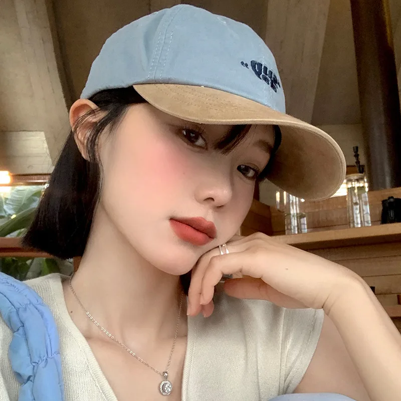 Embroidered Letters Contrast Color Soft Top Baseball Cap Women's Big Circumference Show Face Small Wide Brim Peaked Cap Kor