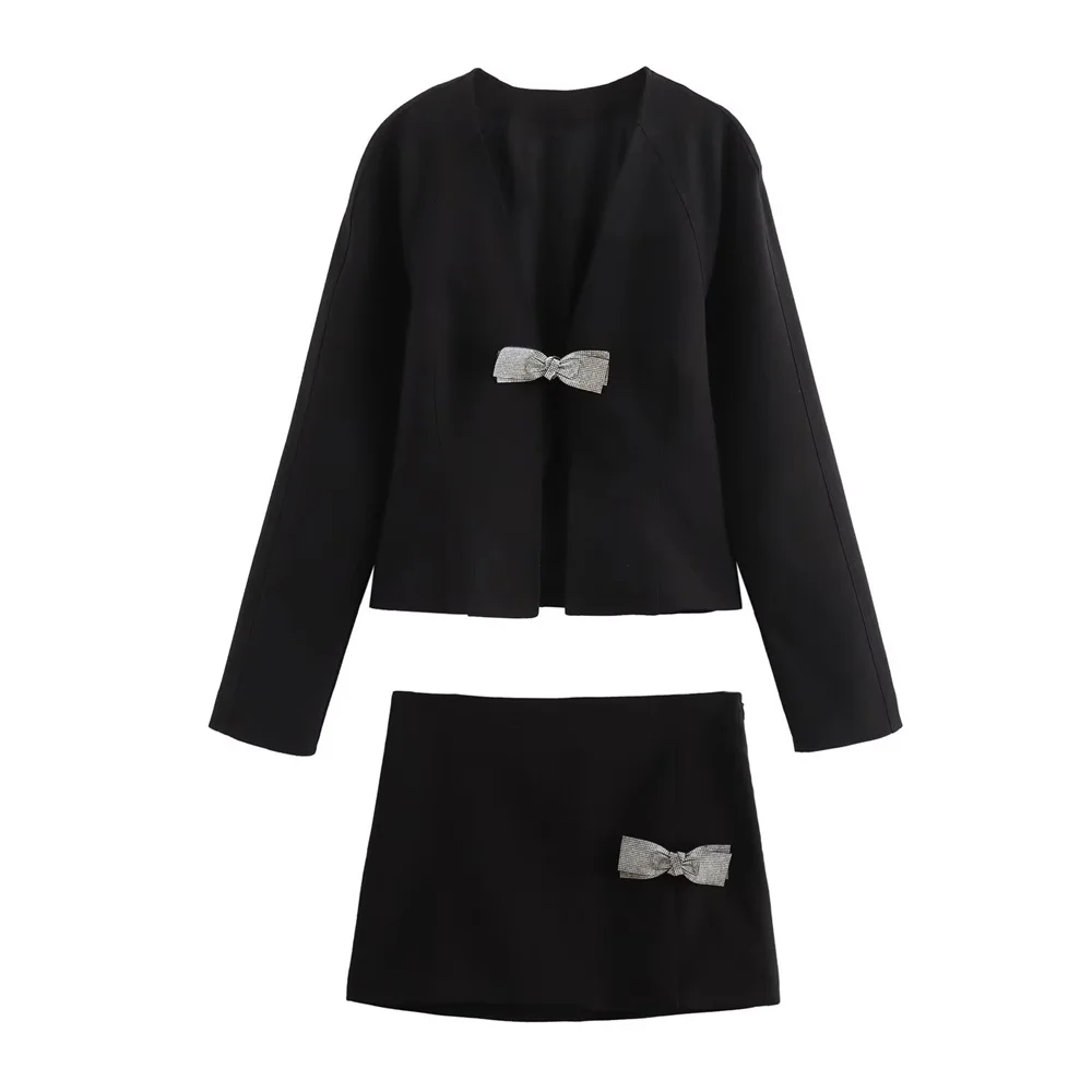 UNIZERA 2024 Summer New Product Women's Fashion Bow Decoration V-neck Slim fit Shirt Top Mini Skirt Half skirt Set