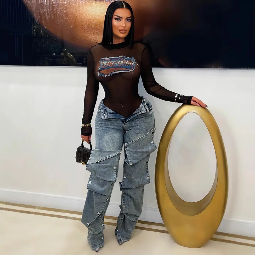 Women Light Wash Stacked Flare Jeans High Waist Rivet Decor Asymmetric Ruffle Patch Denim Trousers