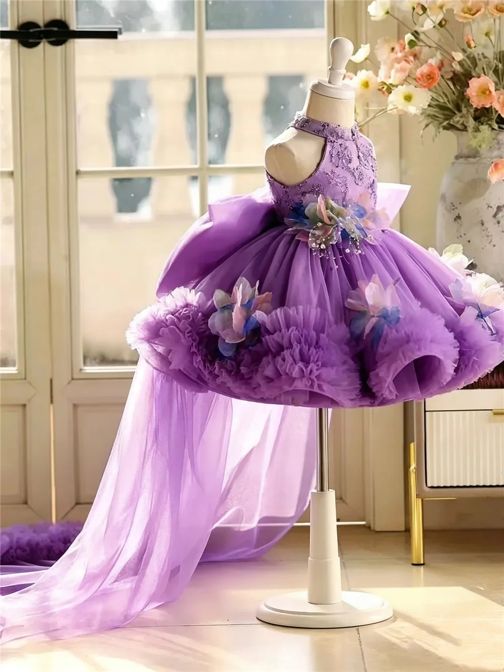 Custom Halter Sequin 3D Floral Big Bow Tulle Short Luxury Dress Women Wedding Guest Gown Girls Birthday Party Pageant Runway