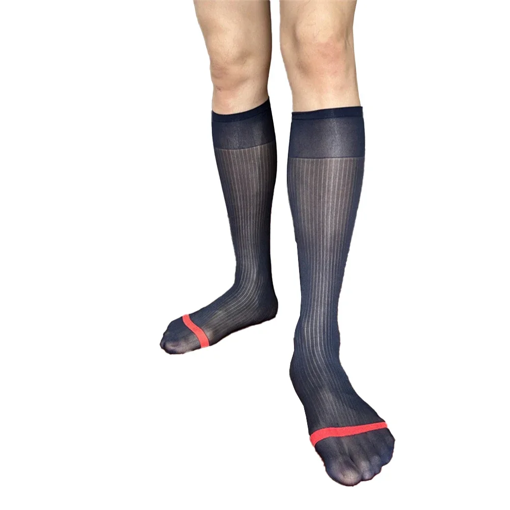 Medias para hombre, calcetines transparentes de nailon, sexis, transparentes, transpirables, tubo de vestir, calcetines ultrafinos para hombre, ropa de rayas anchas y finas
