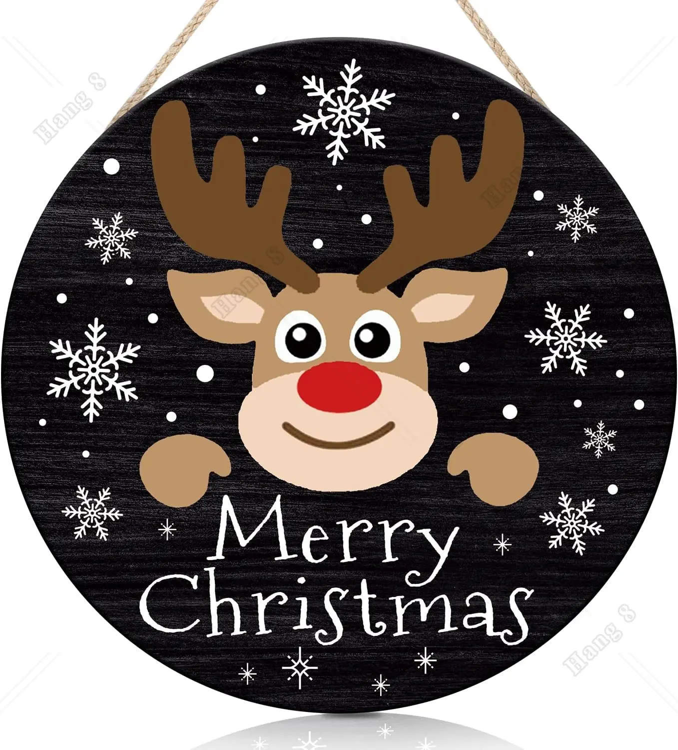 

Merry Christmas Sign Reindeer Welcome WOOD SIGN Farmhouse Round Xmas Winter Wooden Door Hanger Decorative Holidays