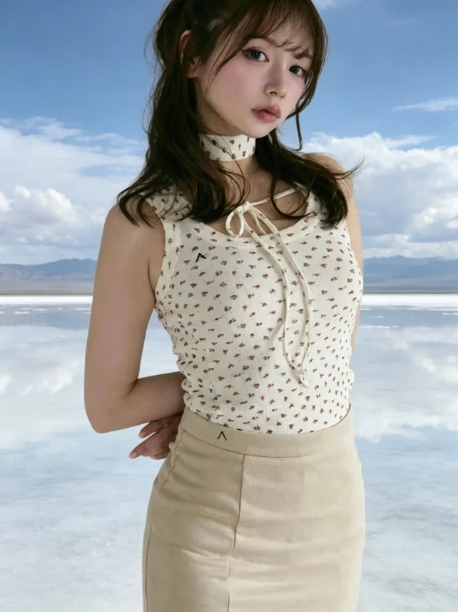 

2026 New Japanese Style Sweet Girly Floral Halter Neck Tie-up Sleeveless Tank Top Fashion Versatile Outerwear Short Vest