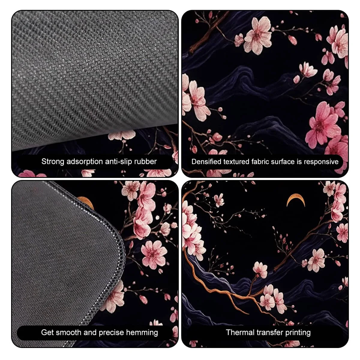 قطعة واحدة من زهر الكرز الأسود والوردي الكبير مع لوحة ماوس على شكل هلال القمر، مطاط غير قابل للانزلاق ومتين، مثالية للألعاب والمكتب والهدايا