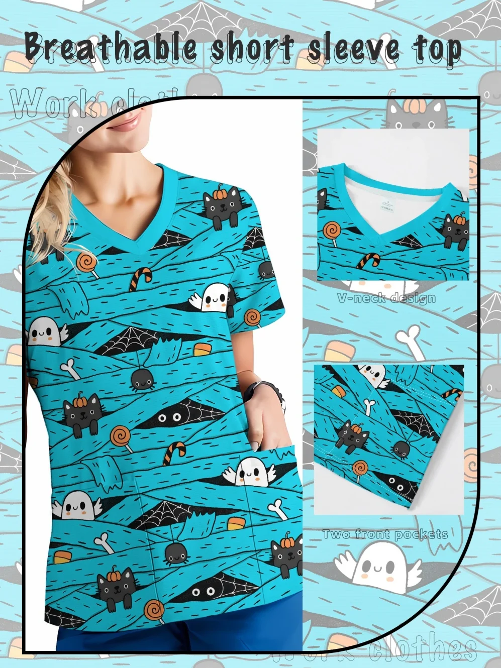 New Halloween Strappy Element Pattern Doctor Work Medical Scrubs Soft Fashion with Two Pockets Short Sleeve Nurse's Uniform Top