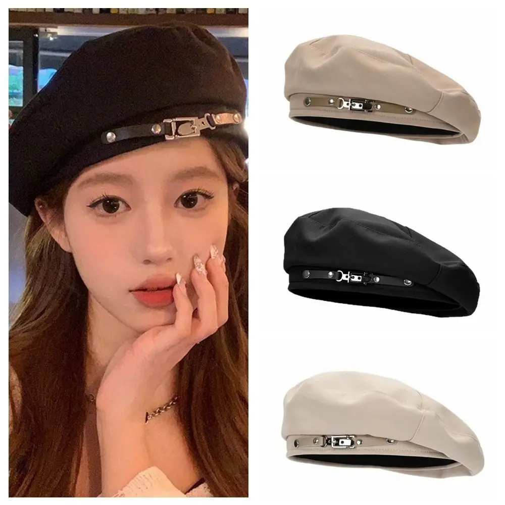 Fashion Korean Style Vintage Beret Hat Solid Color Big Head Circumference Metal Buckle Octagonal Hat JK Y2k Painter Cap Women