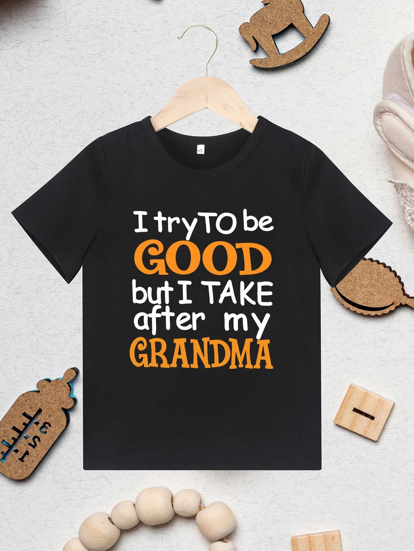 ''Try To Be Good But I Take After My Grandma'' Letter Print Kids Cute Short Sleeve Tee Tops Clothes Casual T-Shirt