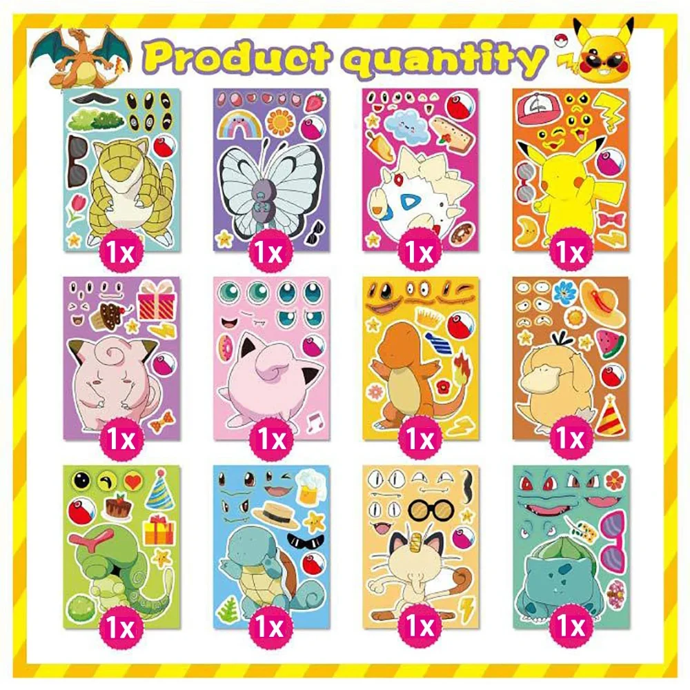 

6/12sheets Anime Pokemon Cartoon Pikachu Puzzle Stickers Make a Face Funny Assemble Jigsaw DIY Decals Kids Educational Toys Gift