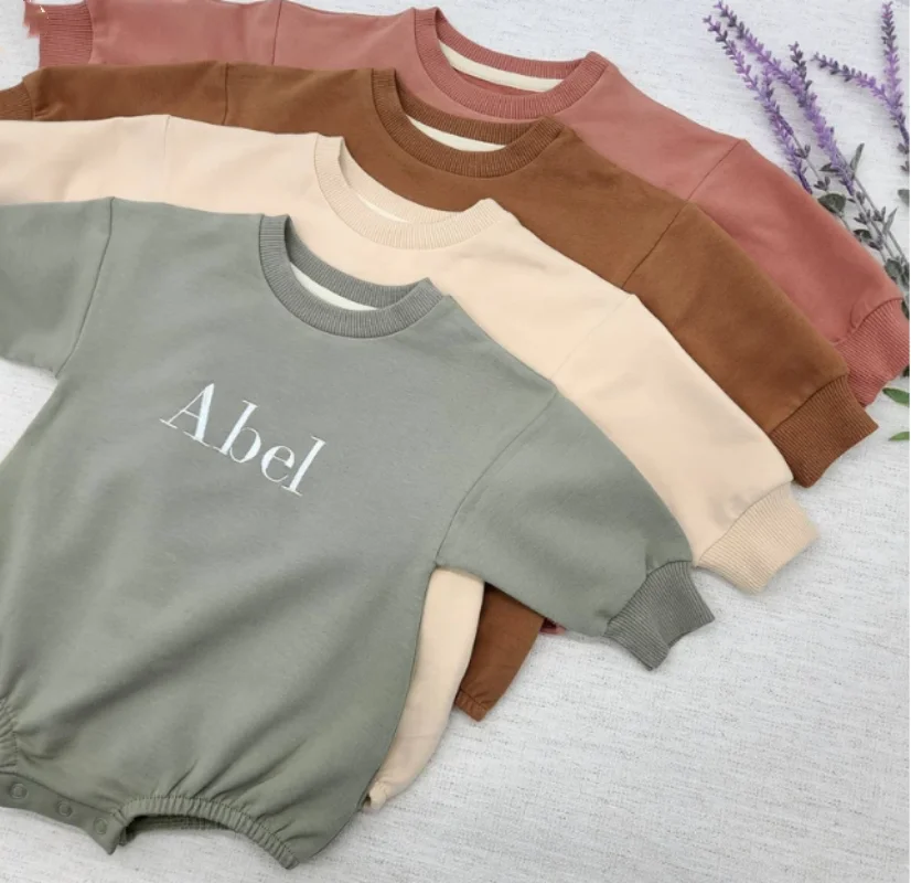 

Embroidered Name Newborn Baby Girl Boy Solid Color Cotton Romper Infant Toddler Long Sleeve Jumpsuit Spring Hoodie Baby Clothes