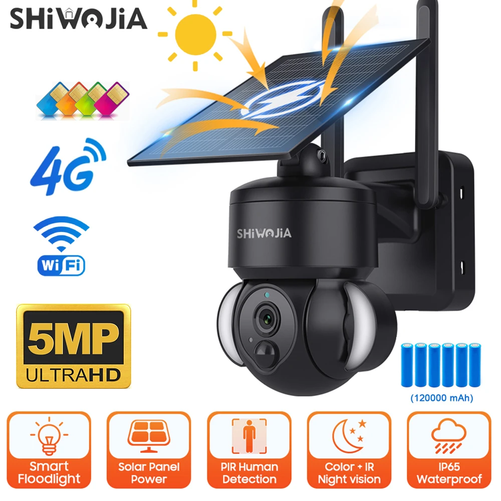 

SHIWOJIA 5MP 4G SIM Camera with Solar Panel Security Camera PIR Monitor Outdoor Solar Battery PTZ Surveillance CCTV Video Camera