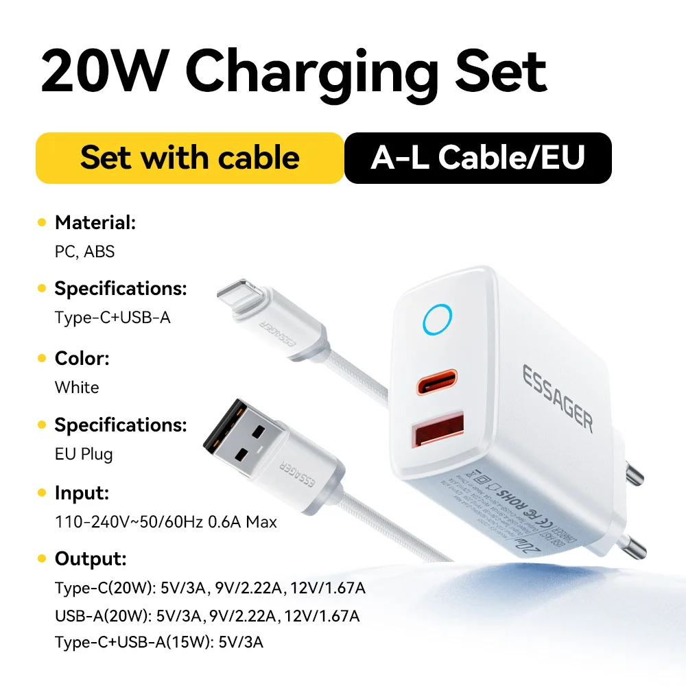 Essager PD 20W USB-C-Ladegerät-Set, schnelles Laden 4.0 3.0 QC PD Ladegerät für iPhone 17 16 15 14 13 12 Pro Max Handy-Ladegerät